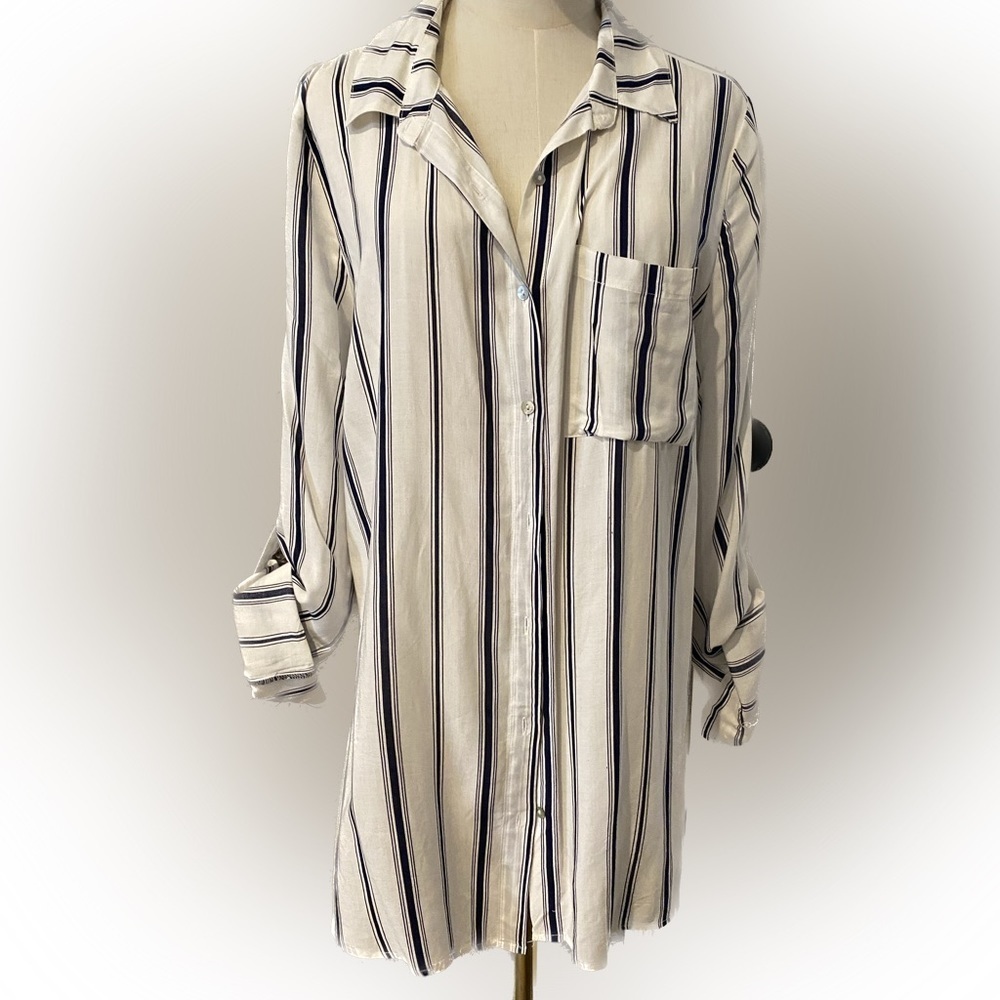 Bevel Women White & Blue Long Sleeve Button-Down Shirt L - Picture 1 of 3